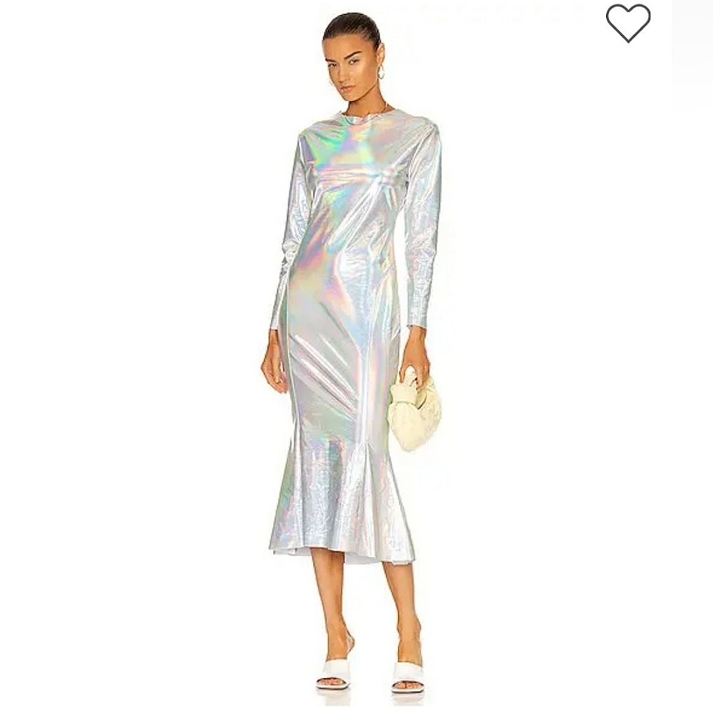 Norma Kamali long sleeve crew fishtail dress to midcalf in metallic silver